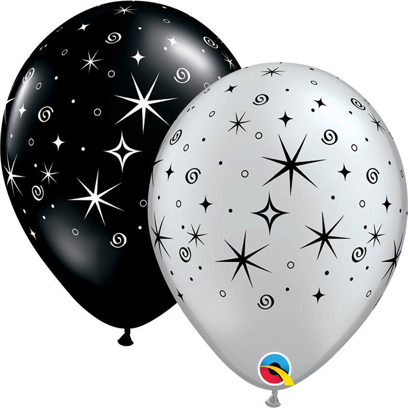 11" Qualatex Black & Silver Sparkles & Swirls Latex Balloons | 50 Count