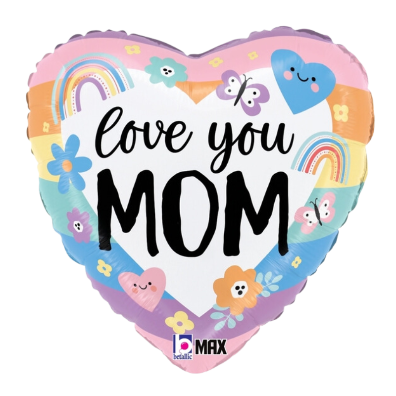 18" Betallic Pastel Rainbow Love Mom Foil Heart Balloon | Buy 5 Or More Save 20%