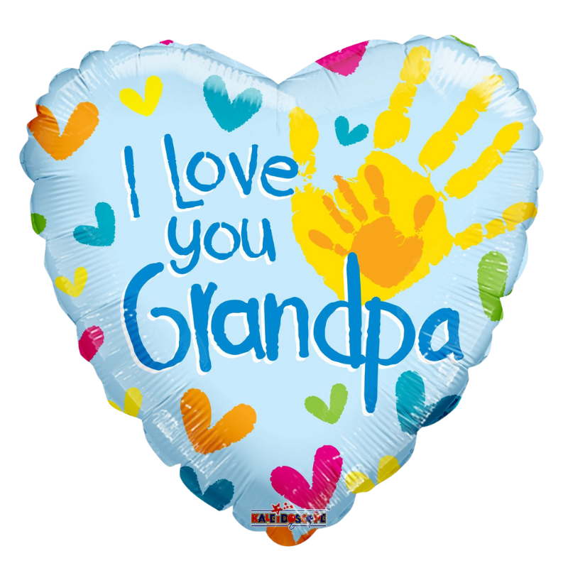 18" I Love You Grandpa Handprints Heart Non Foil Balloon (P22) | Buy 5 Or More Save 20%