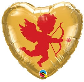 18" 2-Sided Cupid Gold/Red Heart Foil Balloon (P6) | Buy 5 Or More Save 20%