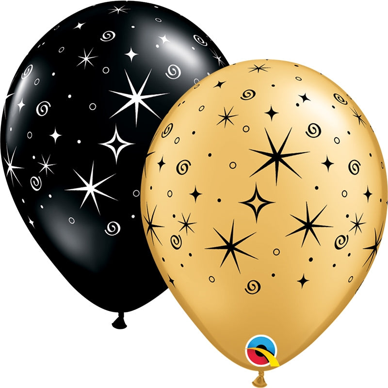 11" Qualatex Black & Gold Sparkles & Swirls Latex Balloons | 50 Count