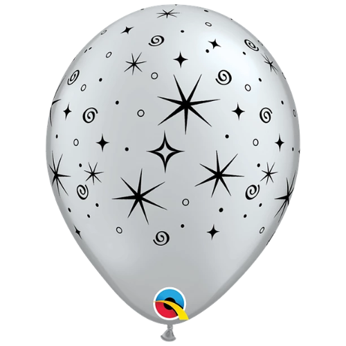 11" Qualatex Black & Silver Sparkles & Swirls Latex Balloons | 50 Count