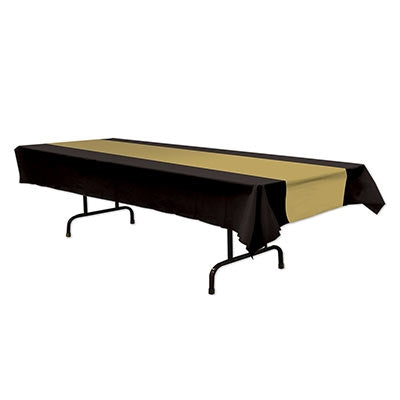 54" Black & Gold Plastic Rectangular Tablecover - 54" x 108" | 1 Count